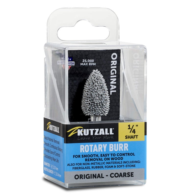 Kutzall Original Flame Rotary Burr, 1â„4" Shaft, Coarse - Wood Carving Bit for Bosch, DeWalt, Milwaukee. Abrasive Tungsten Carbide, 1â„2" (12.7mm) Dia. x 1" (25.4mm) Length, FL-12 - Image 1